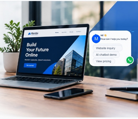 Mambo Systems digital workspace preview with modern website and integrated AI assistant